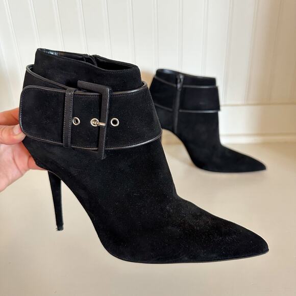 Manolo Blahnik Suede Buckle Detail Pointed Toe Ankle Bootie in Black